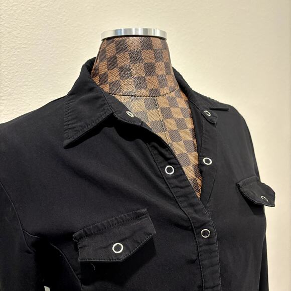 Vtg 2000s Y2K Michelle Black Snap Blouse M Stretch Long Sleeve Shirt Top Fitted - Picture 5 of 7